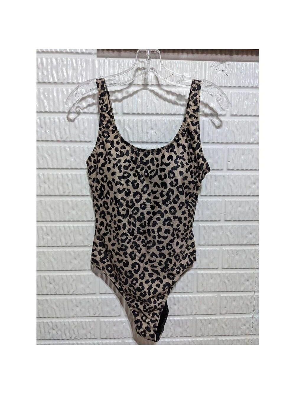 Nicole Miller Women's Black Beige Leopard Print Spot One Piece Swim Suit Medium